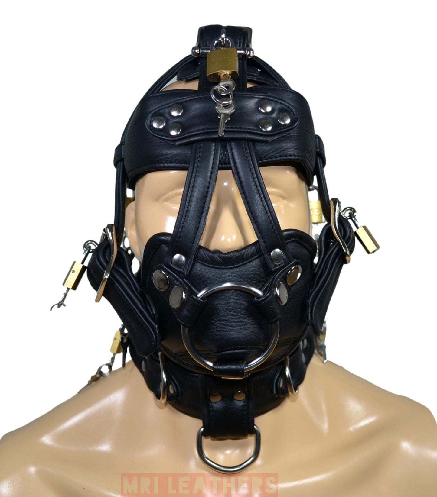 Leather gear face hood with bondage muzzle, adjustable belts, and multiple D-rings in black.