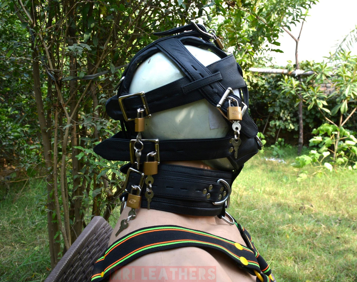 Leather Gear Face Hood Fetish Bondage Muzzle Gag dildo rings locking buckles - MRI Leathers