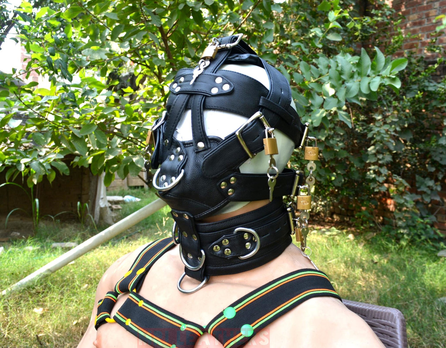 Leather Gear Face Hood Fetish Bondage Muzzle Gag dildo rings locking buckles - MRI Leathers