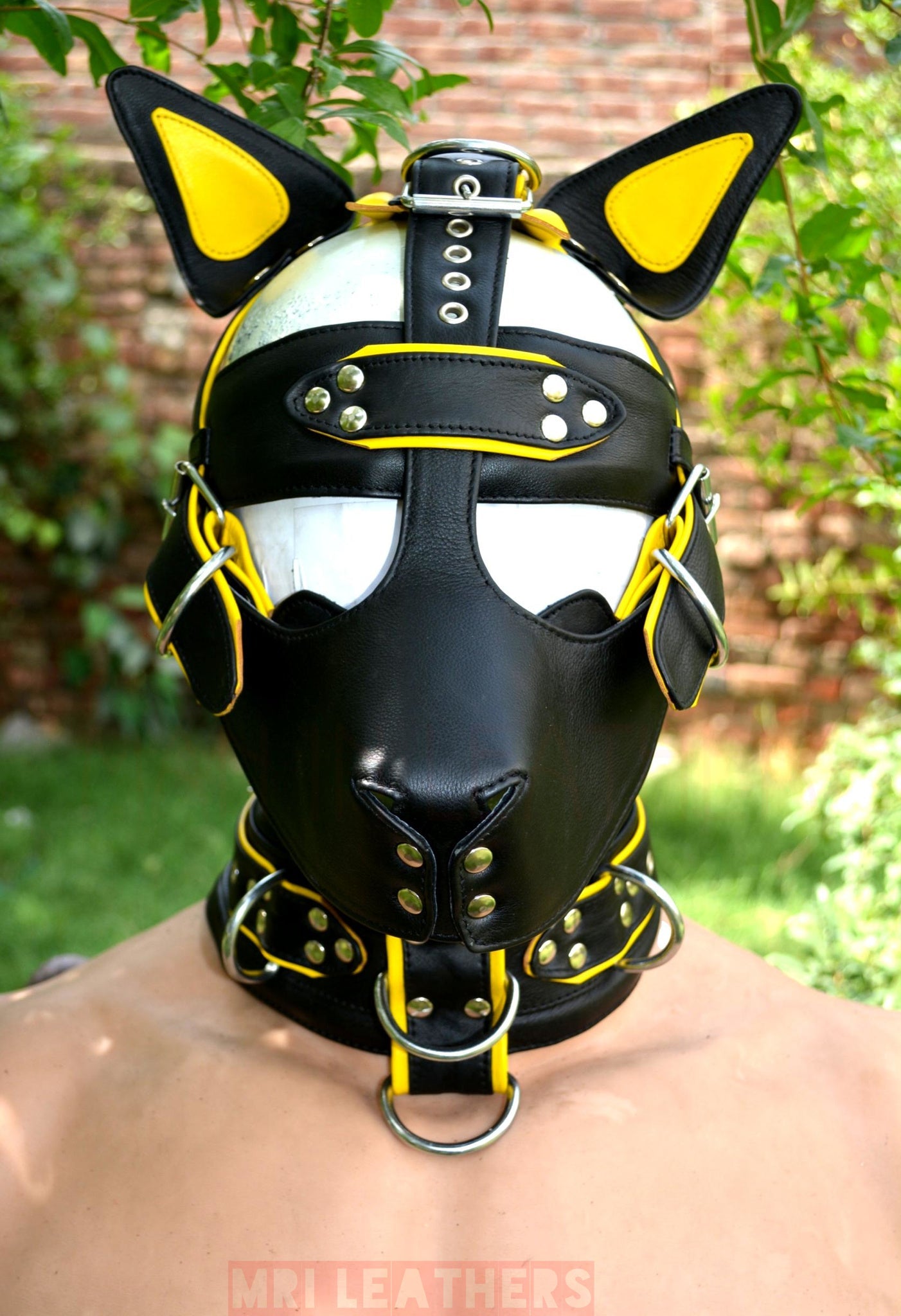 Leather Gear Face Hood Fetish Bondage Muzzle Gag dildo rings locking buckles - MRI Leathers