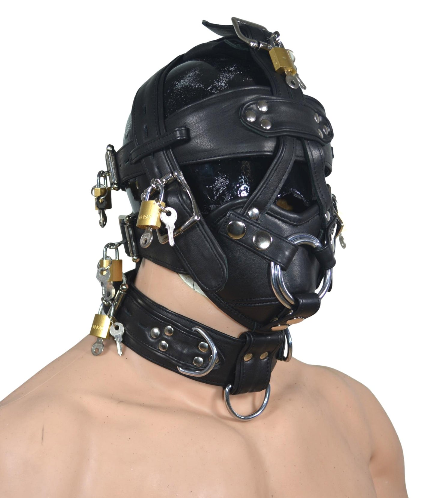Leather gear face hood with buckles and D-rings for bondage.