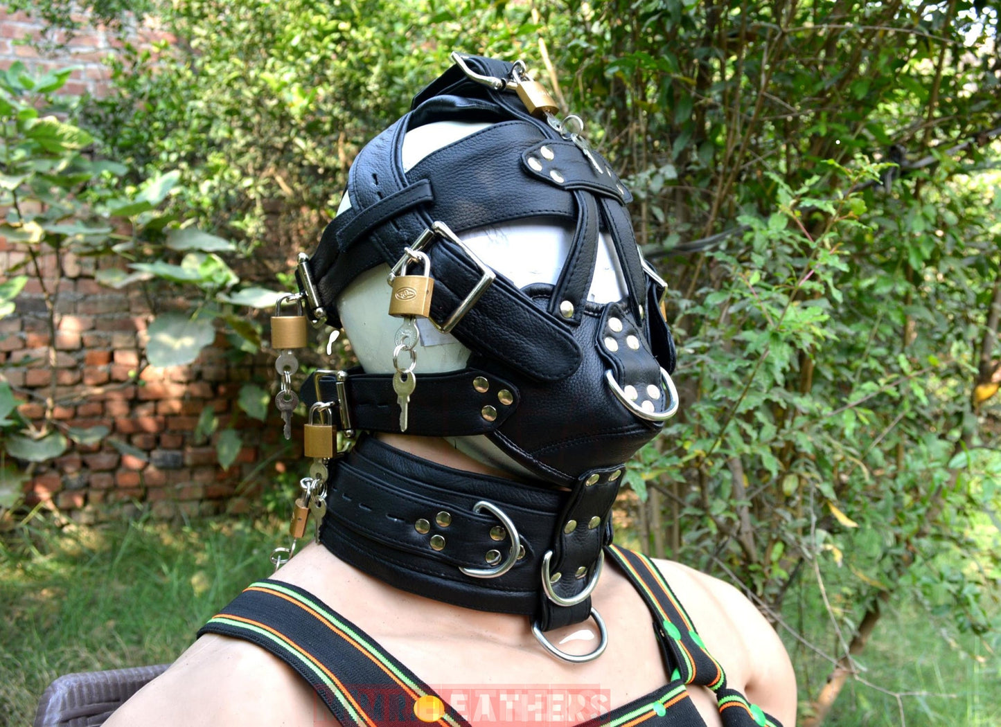 Leather Gear Face Hood Fetish Bondage Muzzle Gag dildo rings locking buckles - MRI Leathers