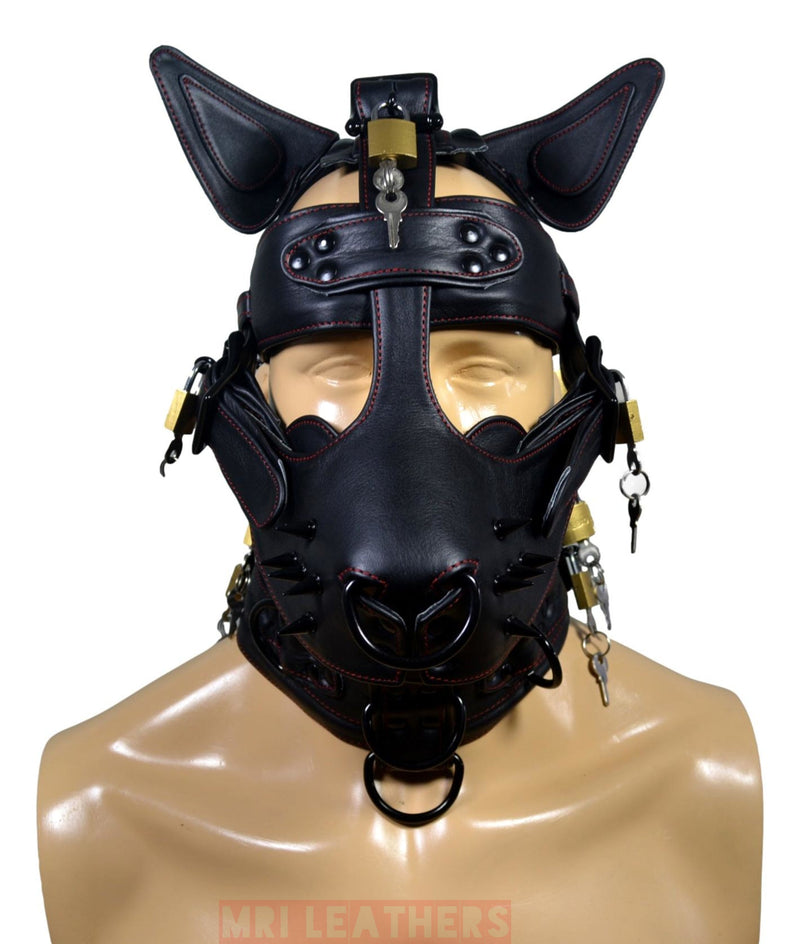 Leather Gear Face Hood Fetish Bondage Muzzle Gag dildo rings locking buckles - MRI Leathers