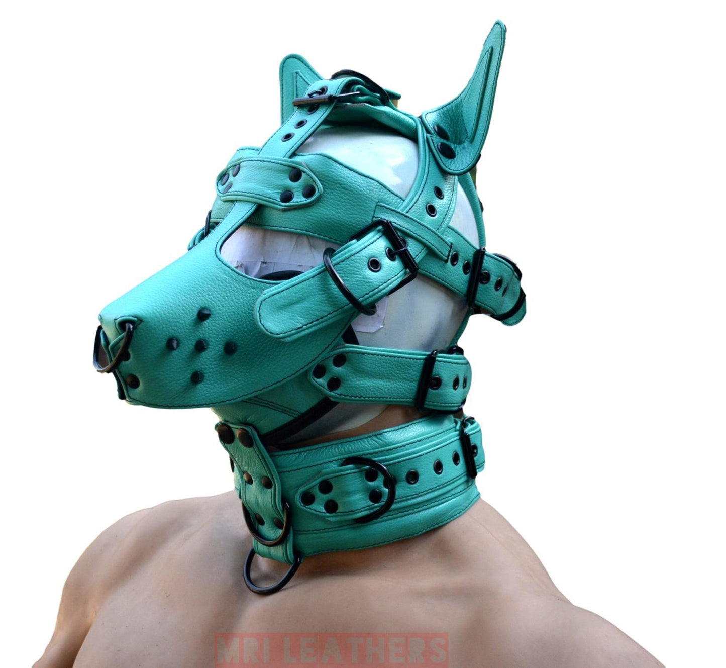 Leather Gear Face Hood Fetish Bondage Muzzle Gag dildo rings locking buckles - MRI Leathers