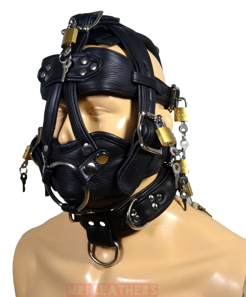 Leather Gear Face Hood Fetish Bondage Muzzle Gag dildo rings locking buckles - MRI Leathers