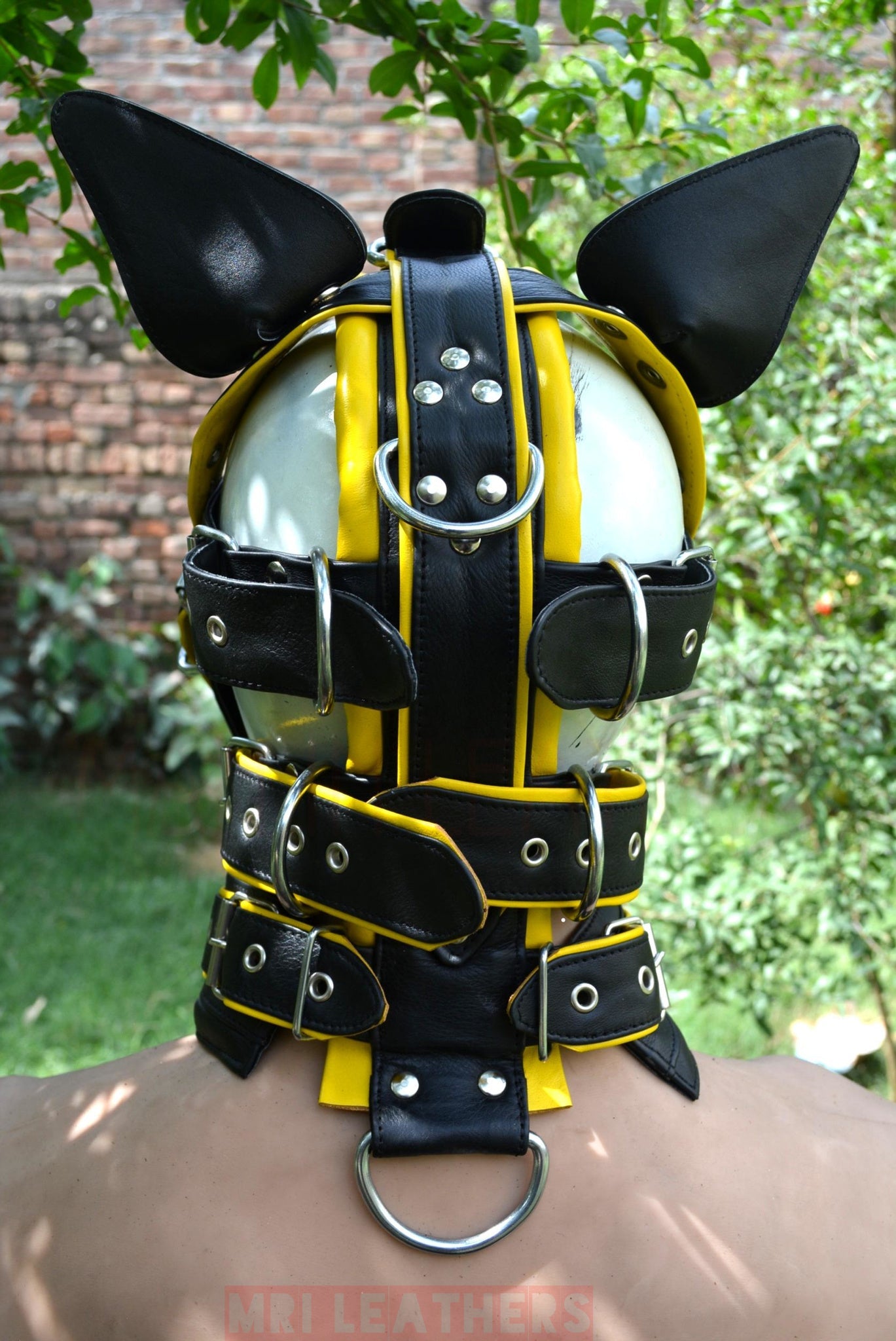 Leather Gear Face Hood Fetish Bondage Muzzle Gag dildo rings locking buckles - MRI Leathers