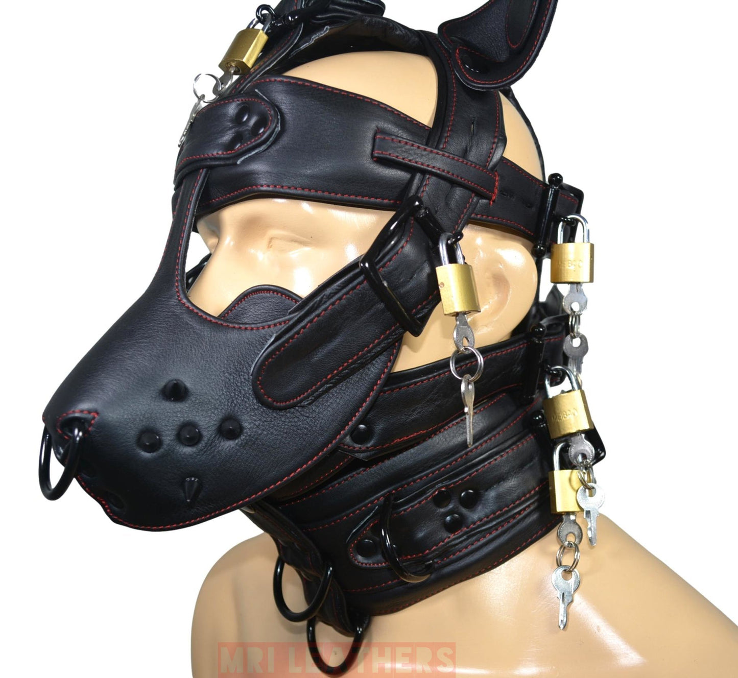 Leather gear face hood with gag muzzle, locking buckles, D-rings, and adjustable belts for bondage.