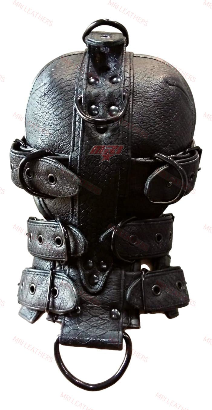 Leather Gear Face Hood Fetish Slave Extreme Bondage Muzzle Gag Black - MRI Leathers