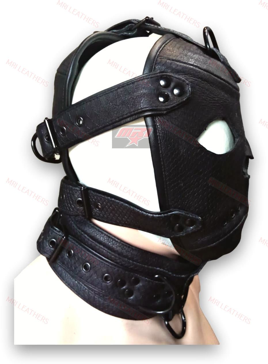Leather Gear Face Hood Fetish Slave Extreme Bondage Muzzle Gag Black - MRI Leathers