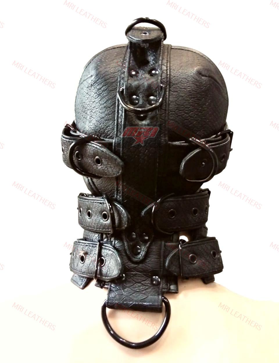 Leather Gear Face Hood Fetish Slave Extreme Bondage Muzzle Gag Black - MRI Leathers