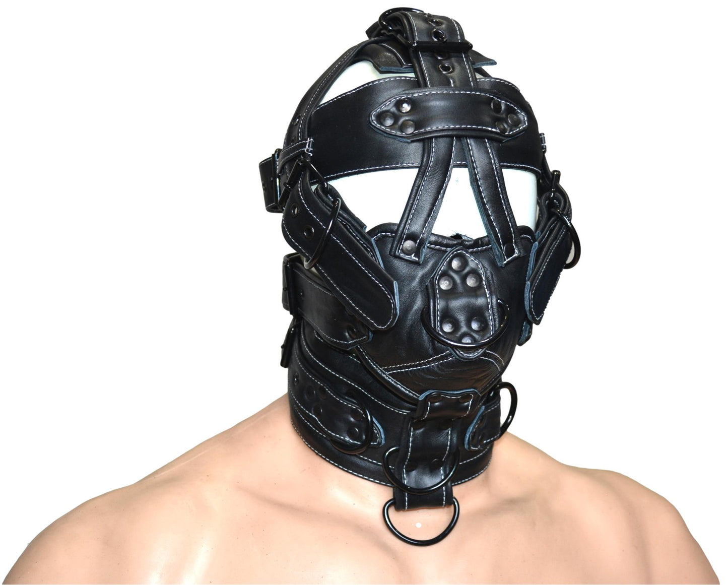 Leather Gear Face Hood Fetish Slave Extreme Bondage Muzzle Gag with D-rings - MRI Leathers