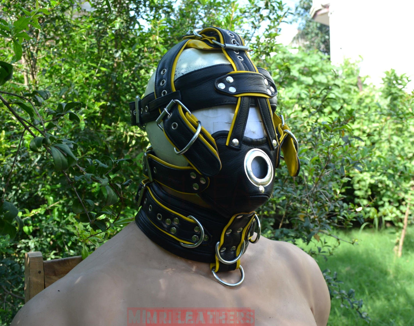 Leather Gear Face hood fetish Slave extreme Bondage Muzzle Gag with D rings Muzzle Face Restraints Head Harness - MRI Leathers