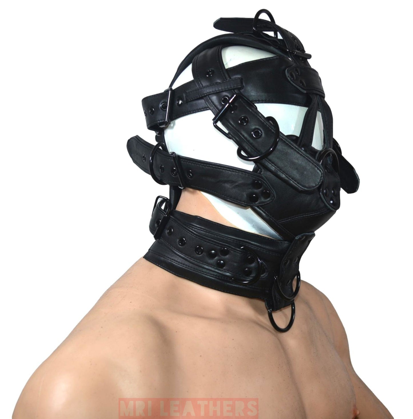 Leather Gear Face hood fetish Slave extreme Bondage Muzzle Gag with D rings Muzzle Face Restraints Head Harness - MRI Leathers