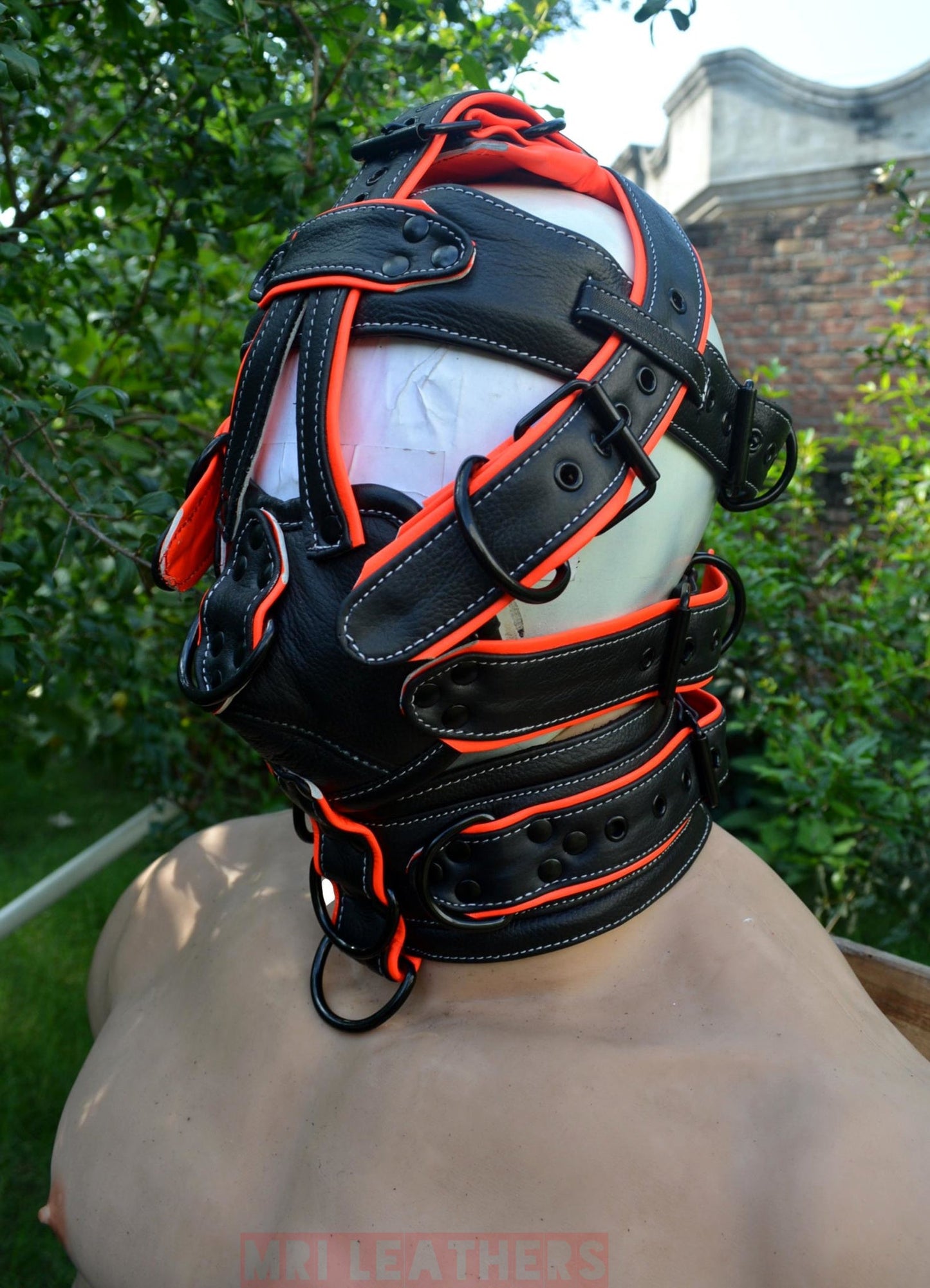 Leather Gear Face hood fetish Slave extreme Bondage Muzzle Gag with D rings Muzzle Face Restraints Head Harness - MRI Leathers