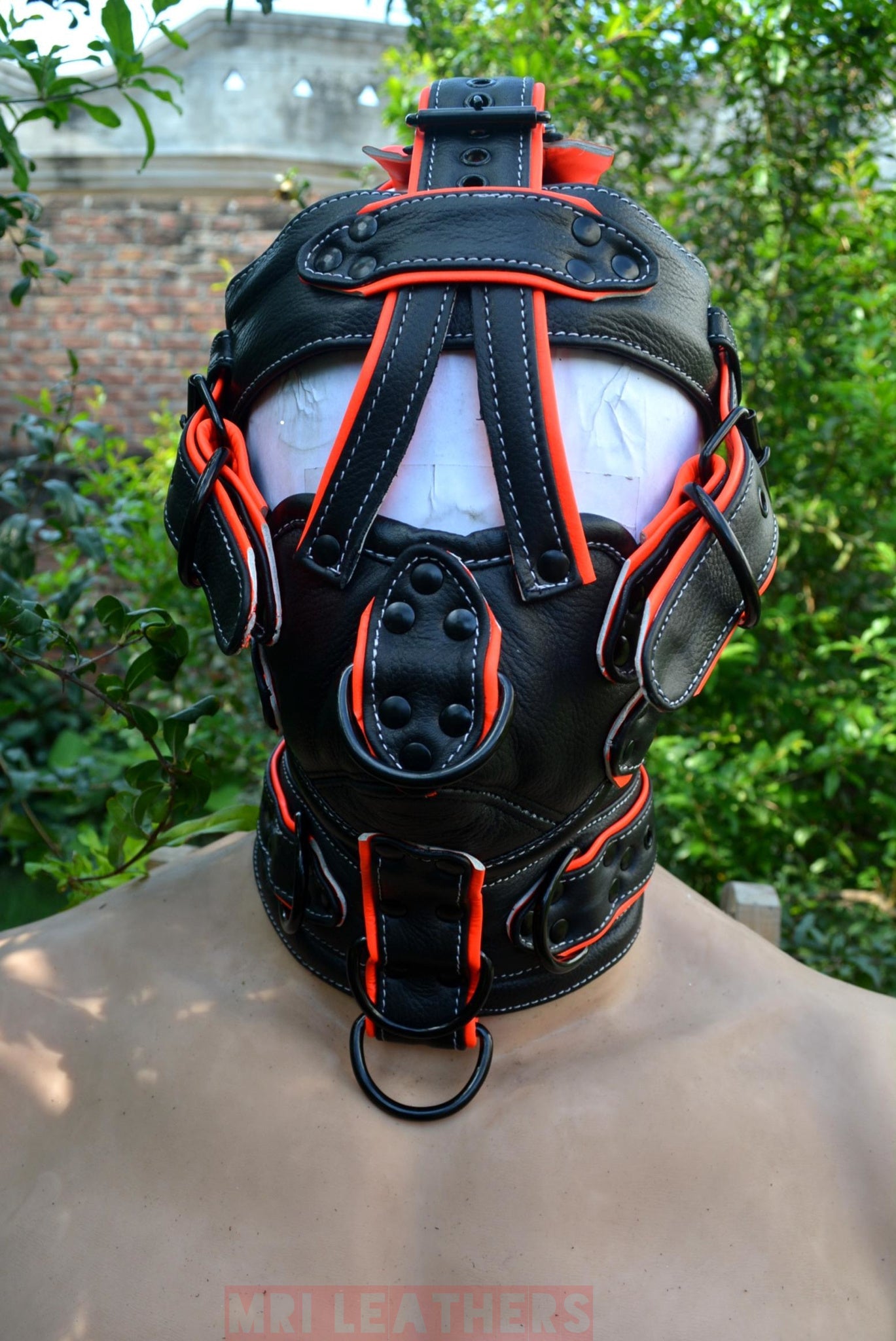 Leather Gear Face hood fetish Slave extreme Bondage Muzzle Gag with D rings Muzzle Face Restraints Head Harness - MRI Leathers