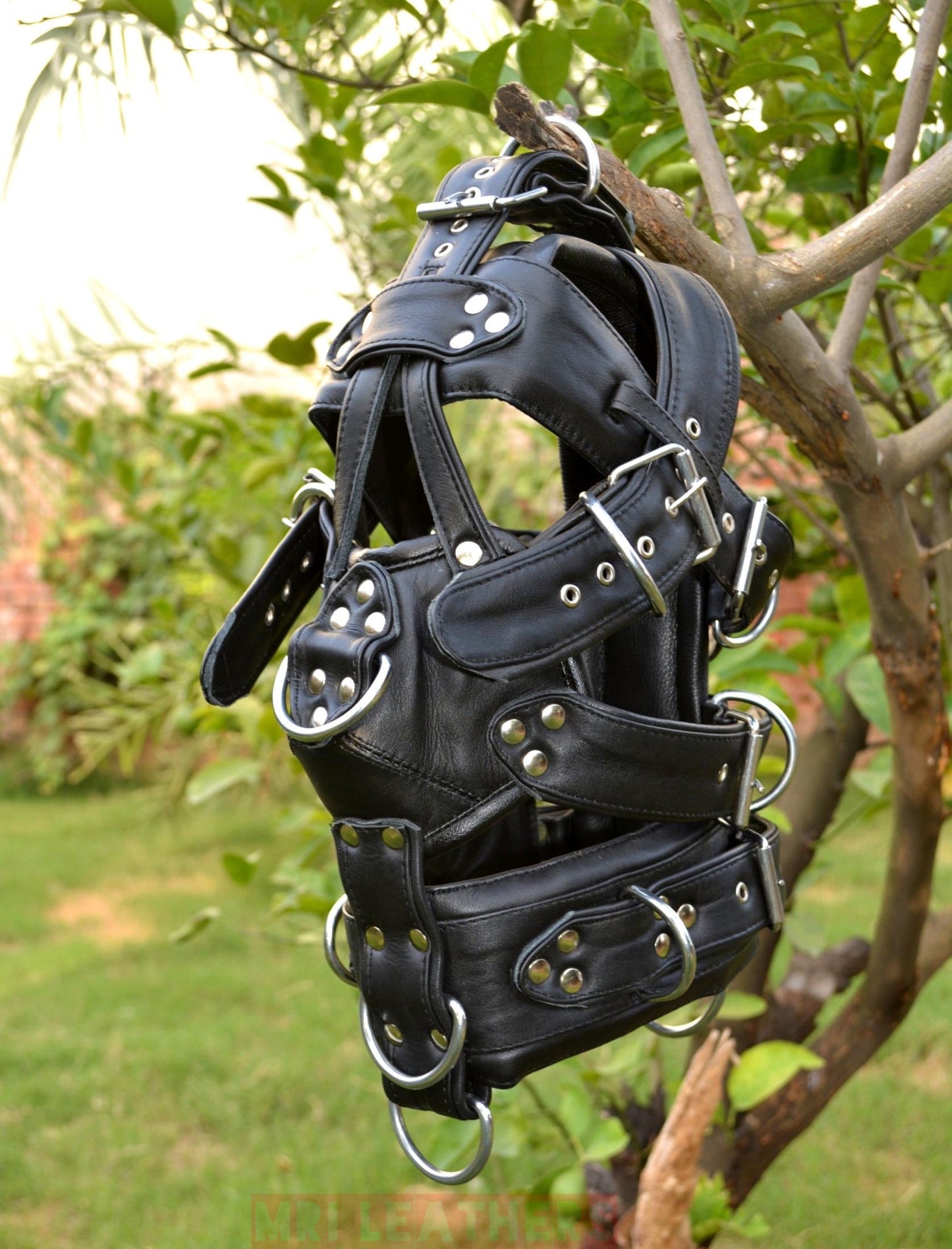 Leather Gear Face hood fetish Slave extreme Bondage Muzzle Gag with D rings Muzzle Face Restraints Head Harness - MRI Leathers