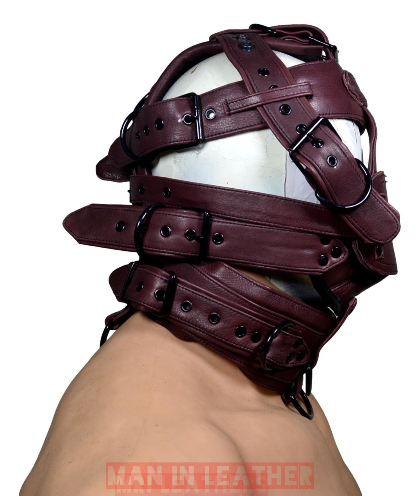 Leather Gear Face hood fetish Slave extreme Bondage Muzzle Gag with D rings Muzzle Face Restraints Head Harness - MRI Leathers