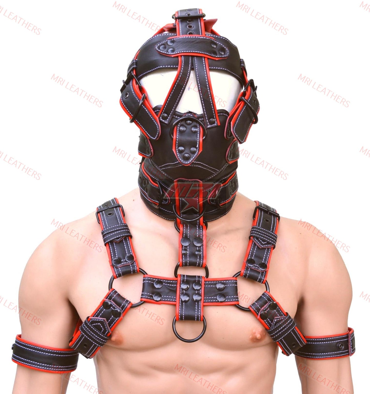 Leather Gear Face Hood Fetish Slave Extreme Bondage Muzzle Gag with harness - MRI Leathers
