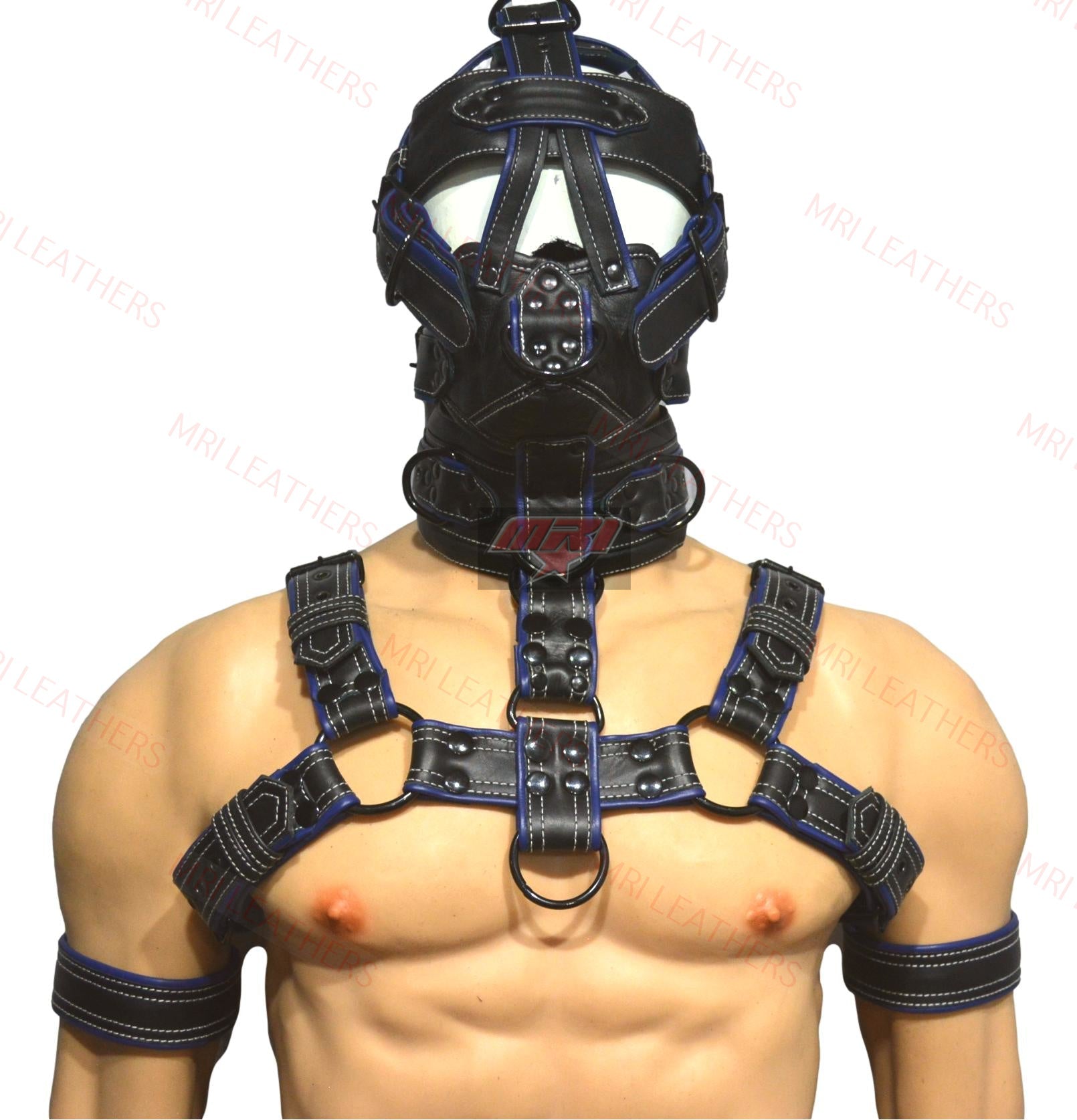 Leather Gear Face Hood Fetish Slave Extreme Bondage Muzzle Gag with harness - MRI Leathers