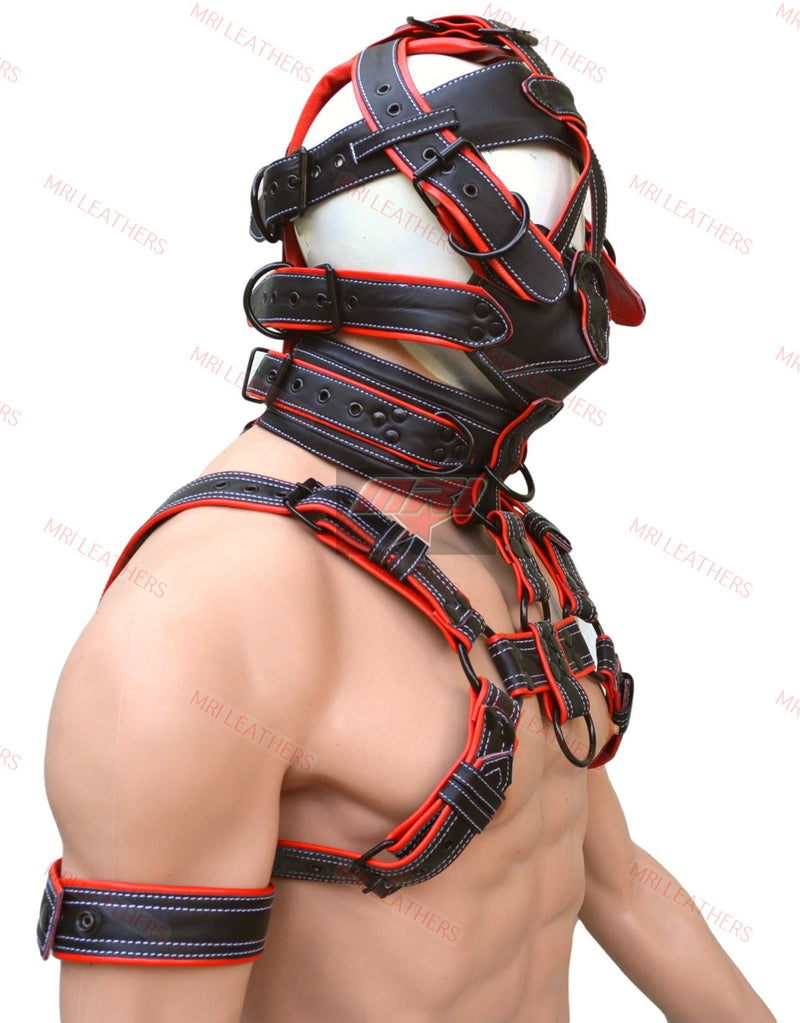 Leather Gear Face Hood Fetish Slave Extreme Bondage Muzzle Gag with harness - MRI Leathers