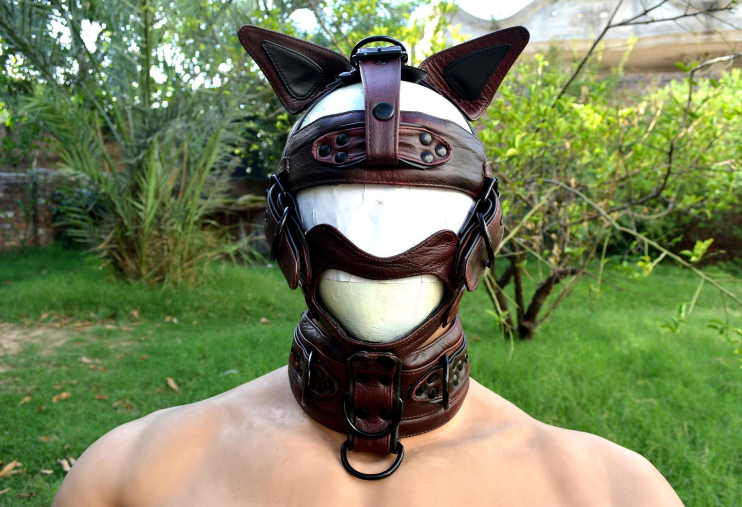 Leather mask, leather dog mask, dog hood, pet play hood, puppy mask head harness muzzle - MRI Leathers
