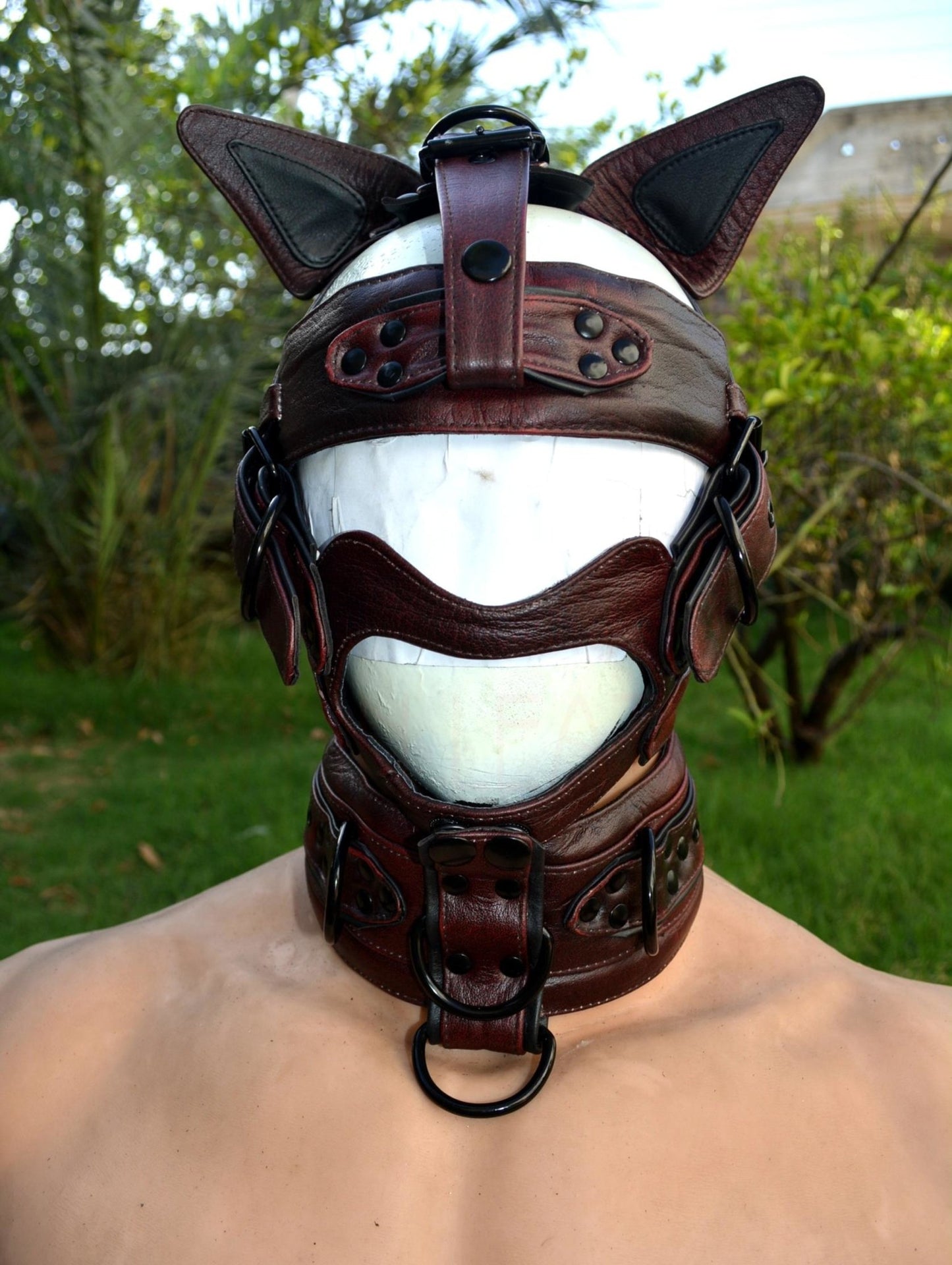 Leather mask, leather dog mask, dog hood, pet play hood, puppy mask head harness muzzle - MRI Leathers