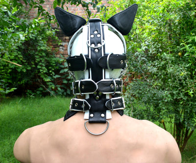 Leather mask, leather dog mask, dog hood, pet play hood, puppy mask head harness muzzle - MRI Leathers