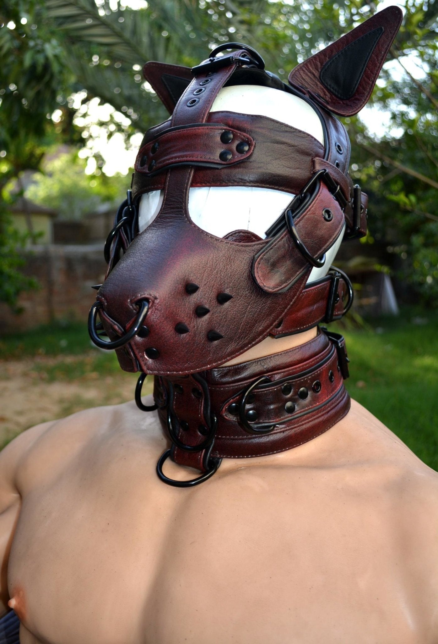 Leather mask, leather dog mask, dog hood, pet play hood, puppy mask head harness muzzle - MRI Leathers