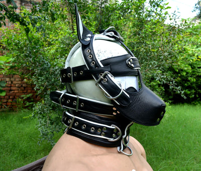 Leather mask, leather dog mask, dog hood, pet play hood, puppy mask head harness muzzle - MRI Leathers
