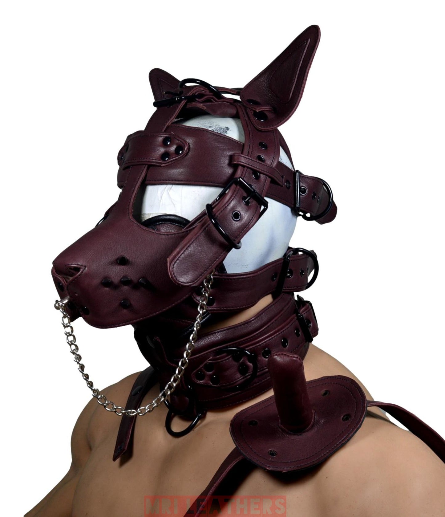 Leather Mask leather Dog Mask Hood Pet play Head Harness muzzle Gag - MRI Leathers