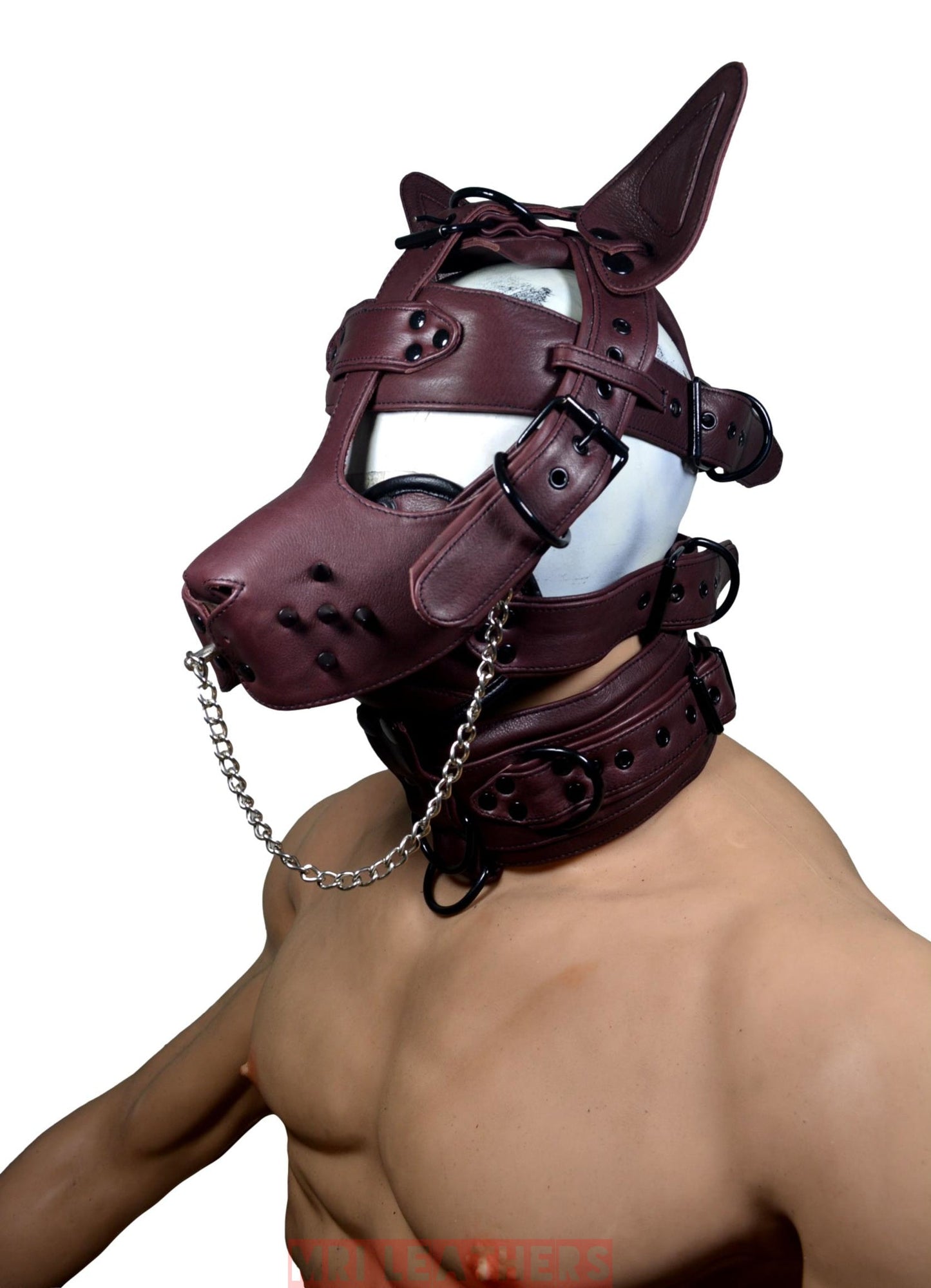 Leather Mask leather Dog Mask Hood Pet play Head Harness muzzle Gag - MRI Leathers