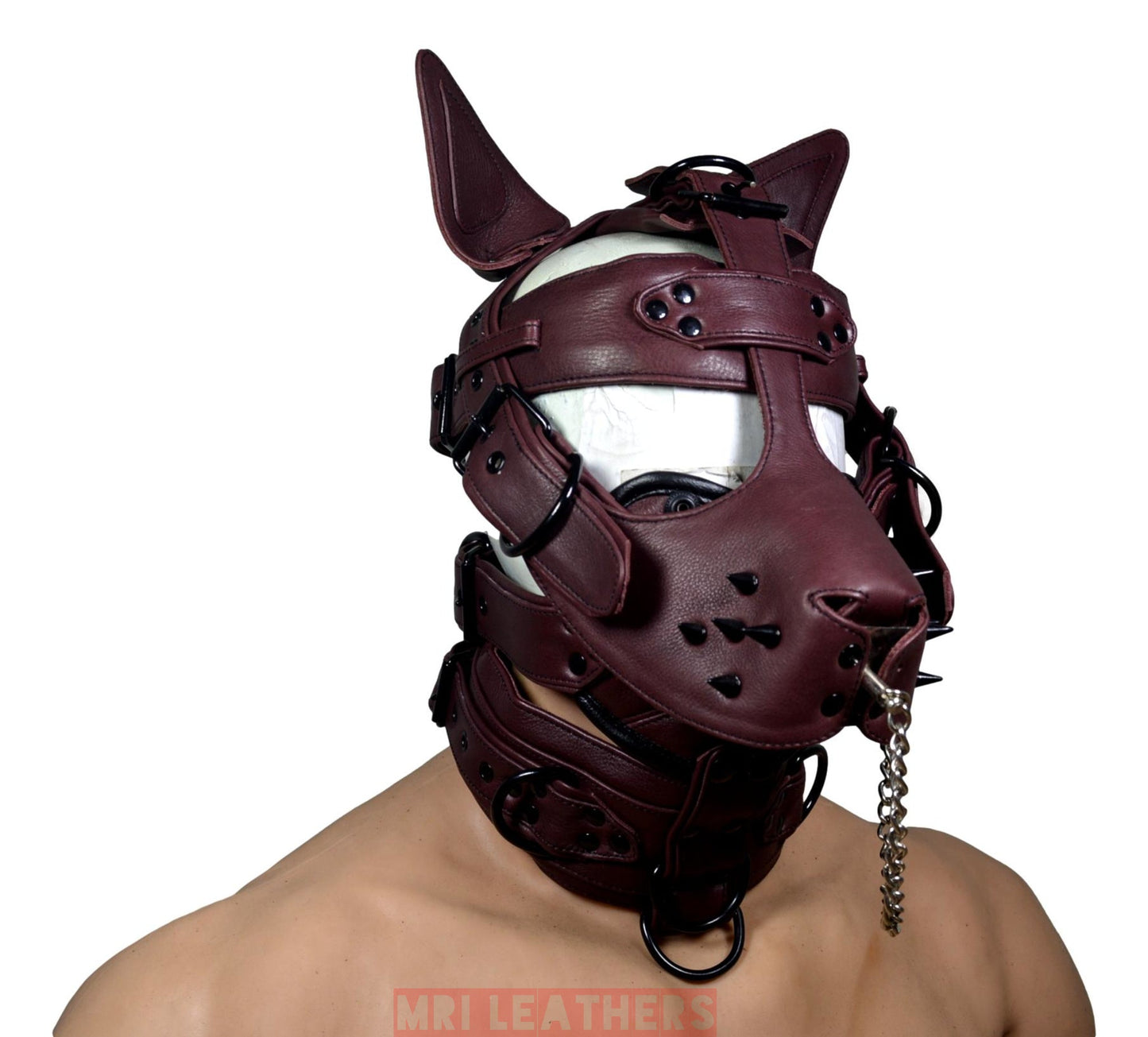 Leather Mask leather Dog Mask Hood Pet play Head Harness muzzle Gag - MRI Leathers