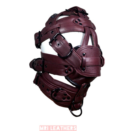 Leather Mask leather Dog Mask Hood Pet play Head Harness muzzle Gag - MRI Leathers