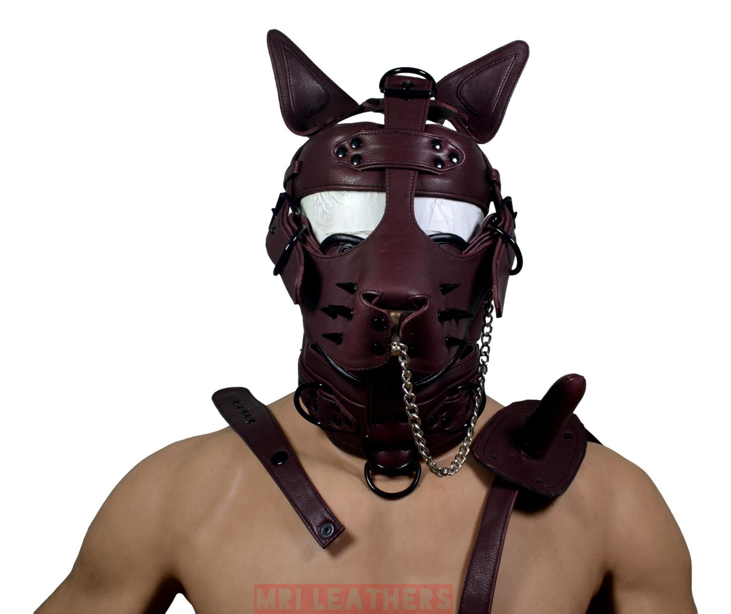 Leather Mask leather Dog Mask Hood Pet play Head Harness muzzle Gag - MRI Leathers