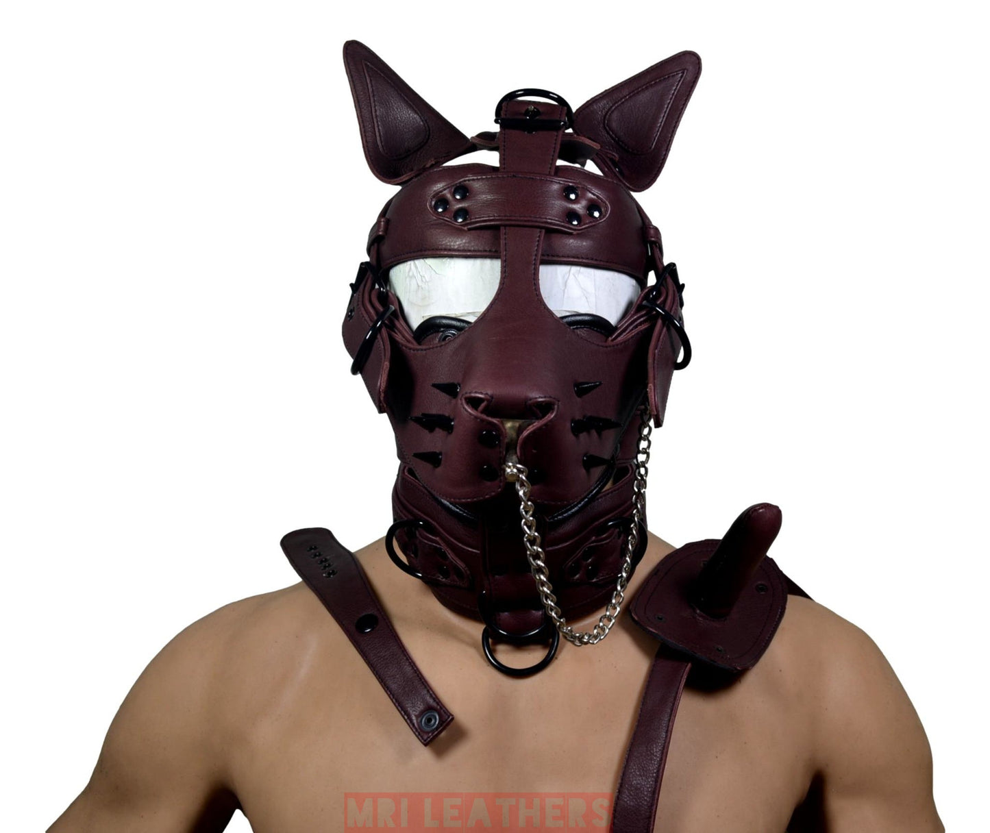 Leather Mask leather Dog Mask Hood Pet play Head Harness muzzle Gag - MRI Leathers