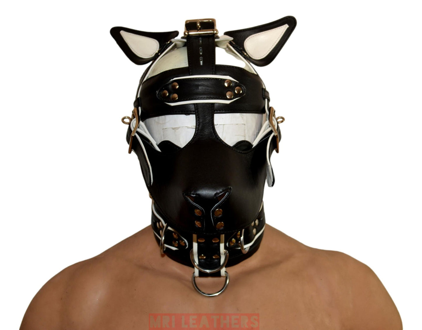 Leather Mask leather Dog Mask Hood Pet play Head Harness muzzle locking buckles - MRI Leathers