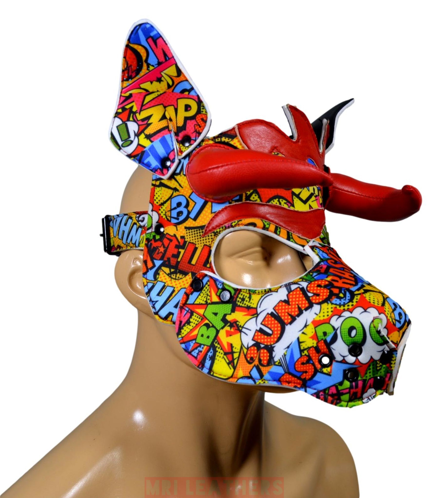 Leather neoprene Dog Mask Leather Pup Mask Dog Hood Pet Play Hood with horns - MRI Leathers