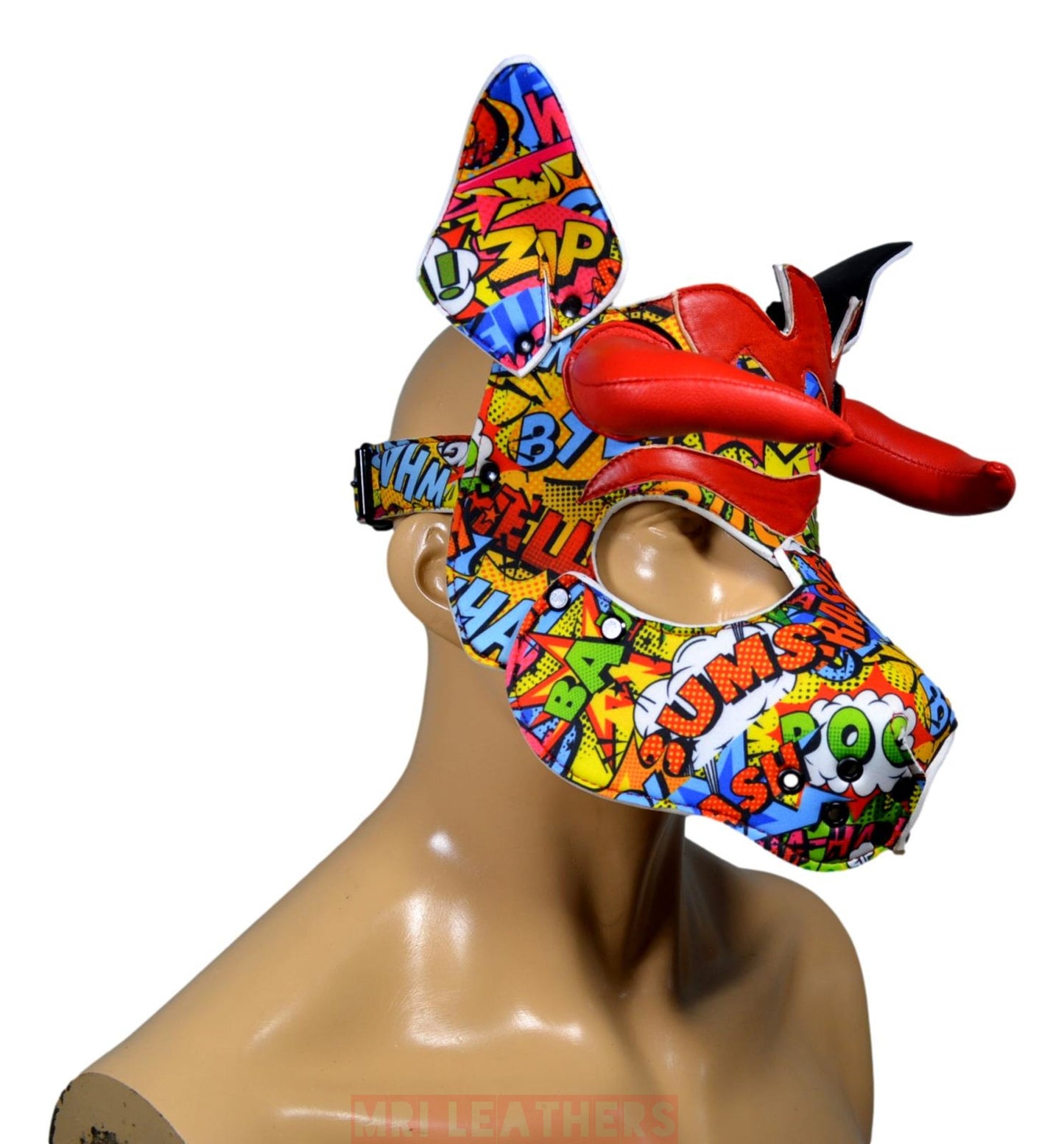 Leather neoprene Dog Mask Leather Pup Mask Dog Hood Pet Play Hood with horns - MRI Leathers