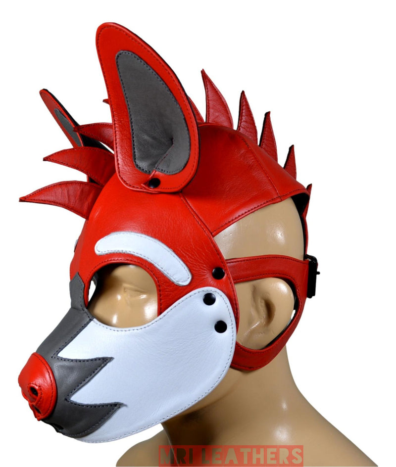 Leather Puppy Human Mask Hood Pet Play Puppy Mask Human White Flame Fair - MRI Leathers