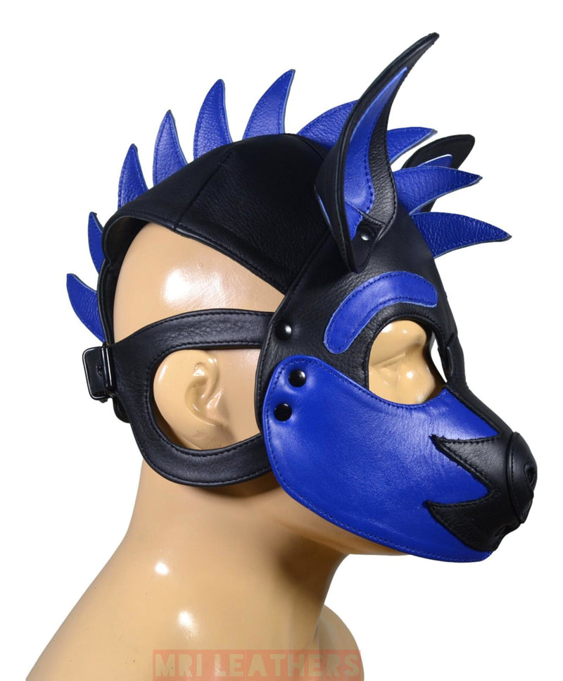 Leather Puppy Mask Hood Human puppy Flame on Head Blue - MRI Leathers