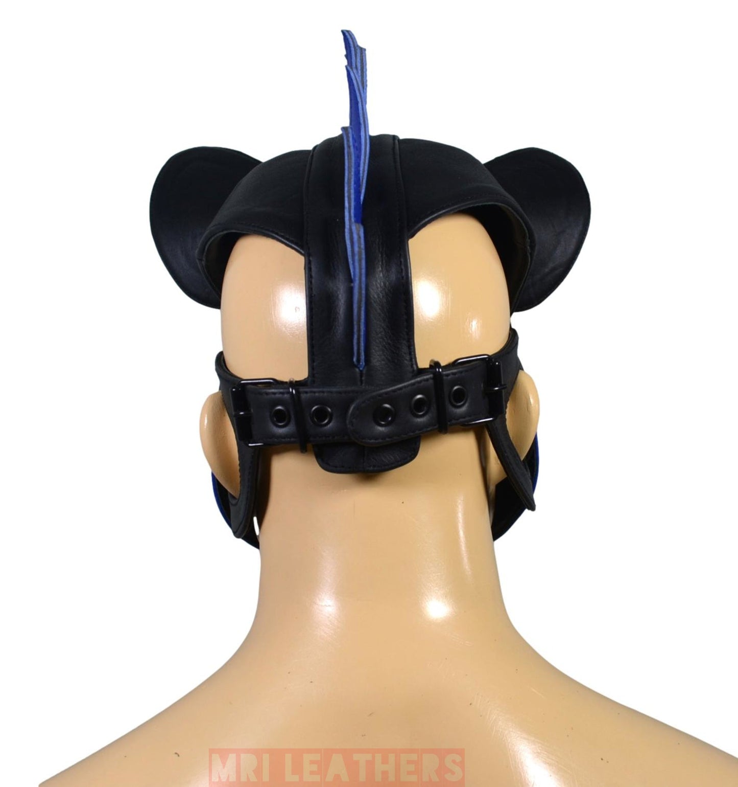 Leather Puppy Mask Hood Human puppy Flame on Head Blue - MRI Leathers