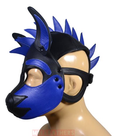 Leather Puppy Mask Hood Human puppy Flame on Head Blue - MRI Leathers