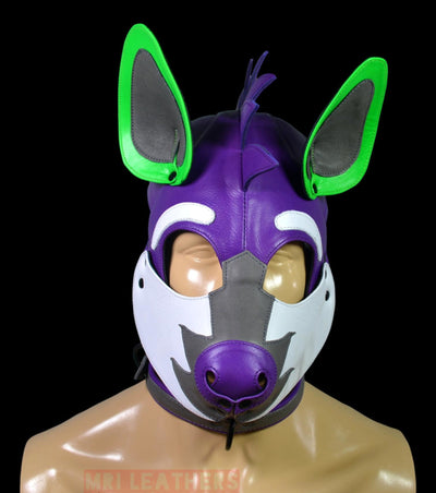 Leather Puppy Mask Hood Human puppy Flame on Head Purple - MRI Leathers