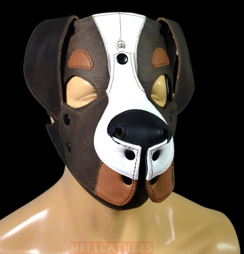 Leather Puppy Mask Hood removable muzzle Border Collie Dog - MRI Leathers