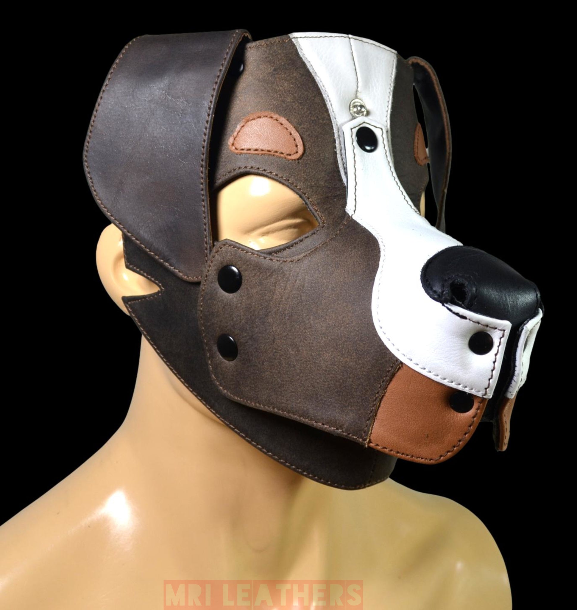 Leather Puppy Mask Hood removable muzzle Border Collie Dog - MRI Leathers