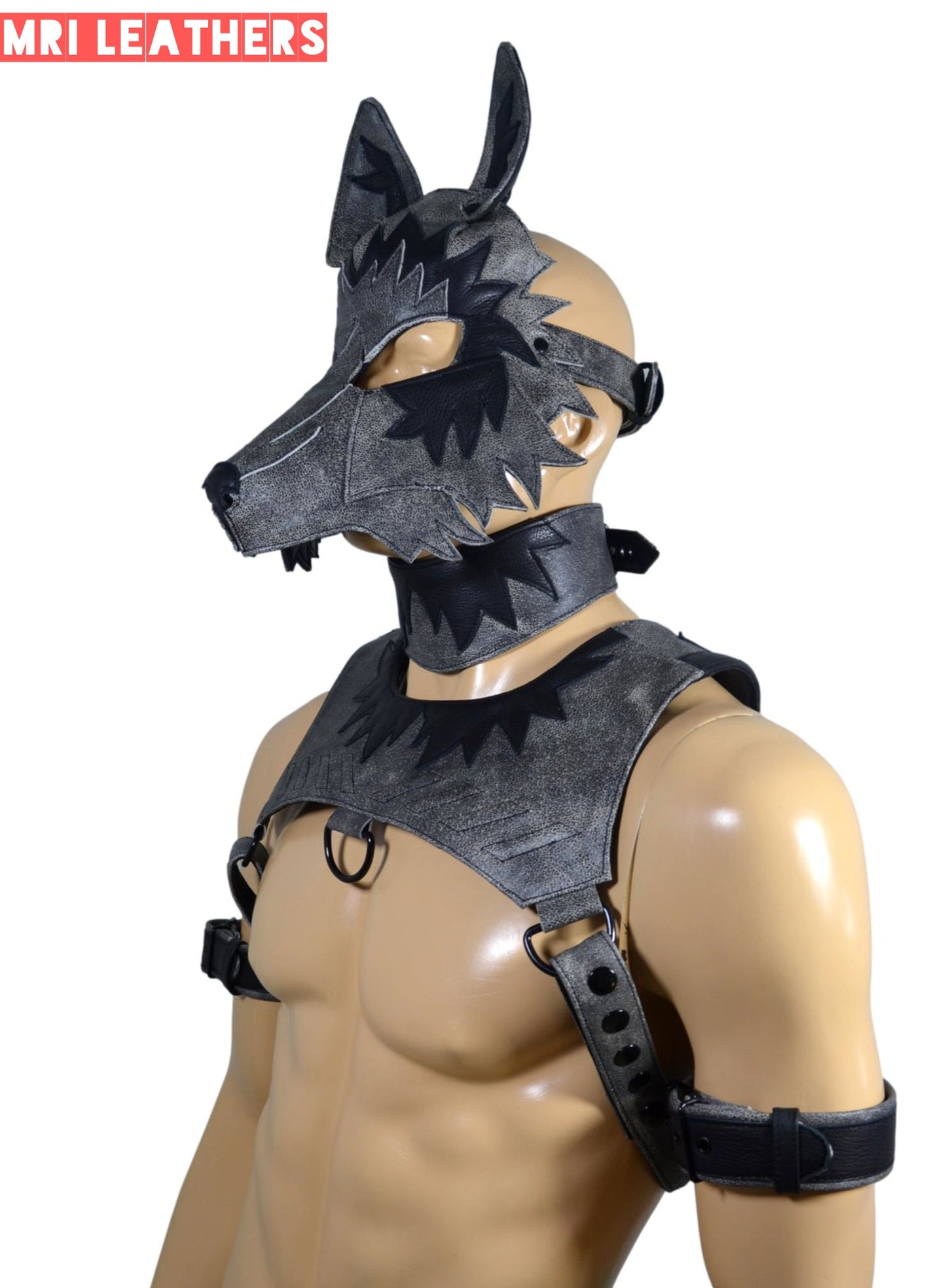 Leather Wolf Mask With Matching Harness - MRI Leathers