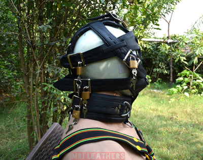 Locking Mask leather Dog Mask Hood Pet play Head Harness muzzle Gag - MRI Leathers
