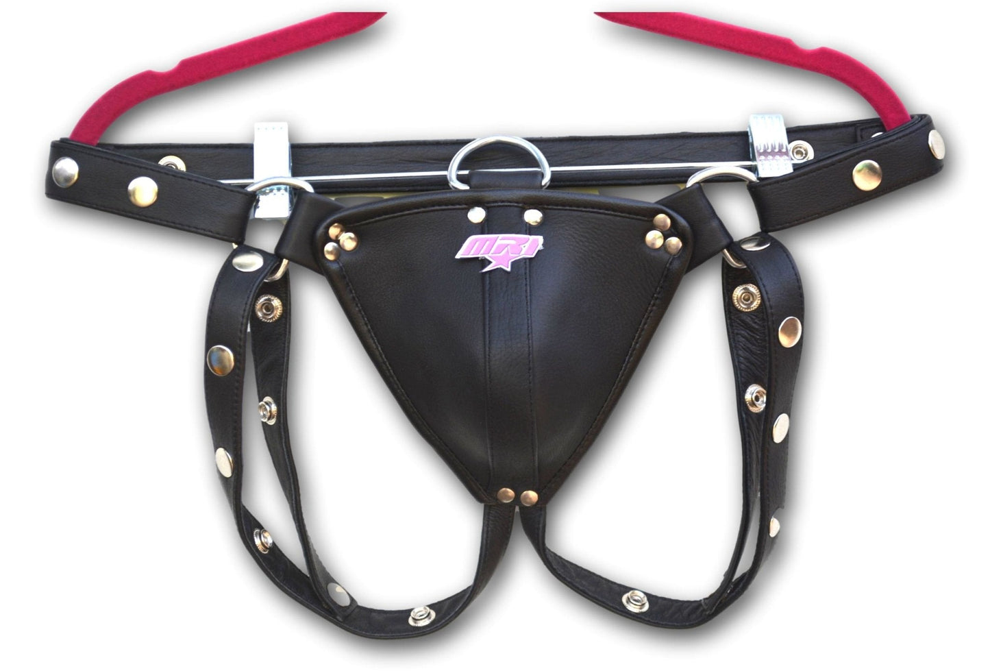 Men's black leather jock strap with metal studs and adjustable straps.