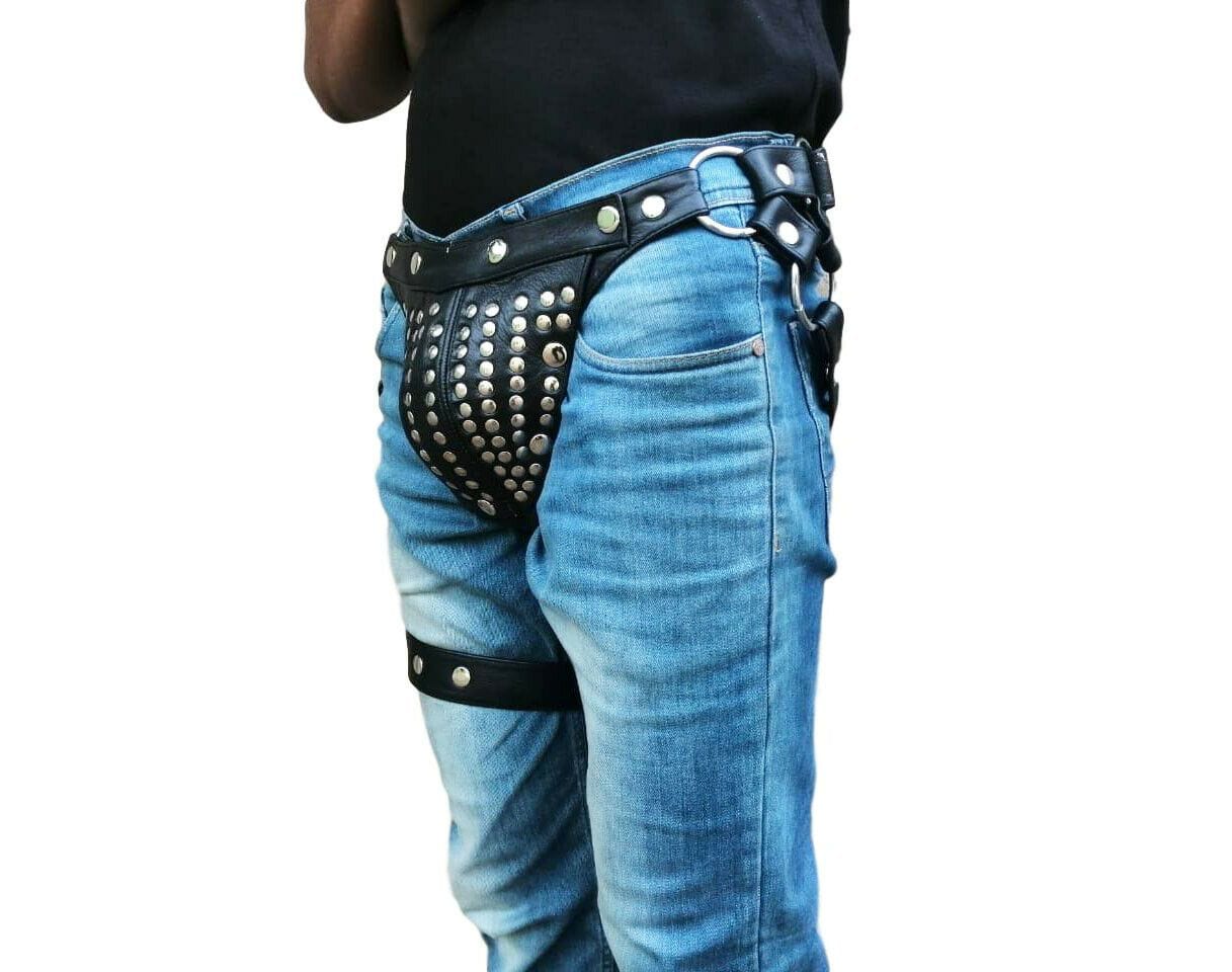 Men Black Leather Jock Strap with Mobile Pocket, Men's Pouch,Thong,Fetish,Gay - MRI Leathers