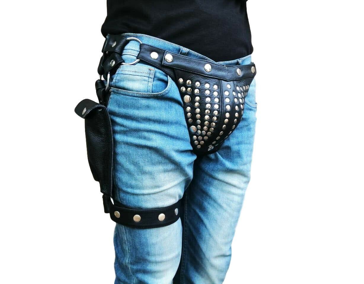 Men Black Leather Jock Strap with Mobile Pocket, Men's Pouch,Thong,Fetish,Gay - MRI Leathers